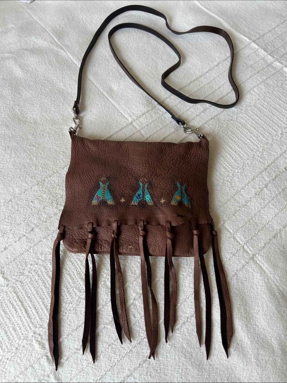 Patricia Wolf Brown Leather Fringe Crossbody with Turquoise Teepee Accent